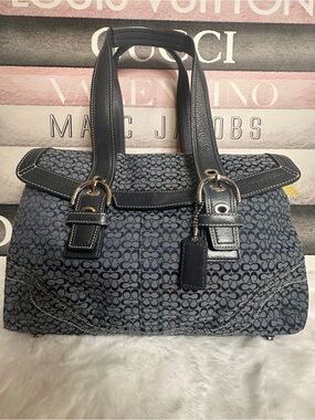 Coach SoHo Vintage Navy Signature Jacquard Satchel with Black Leather Trim